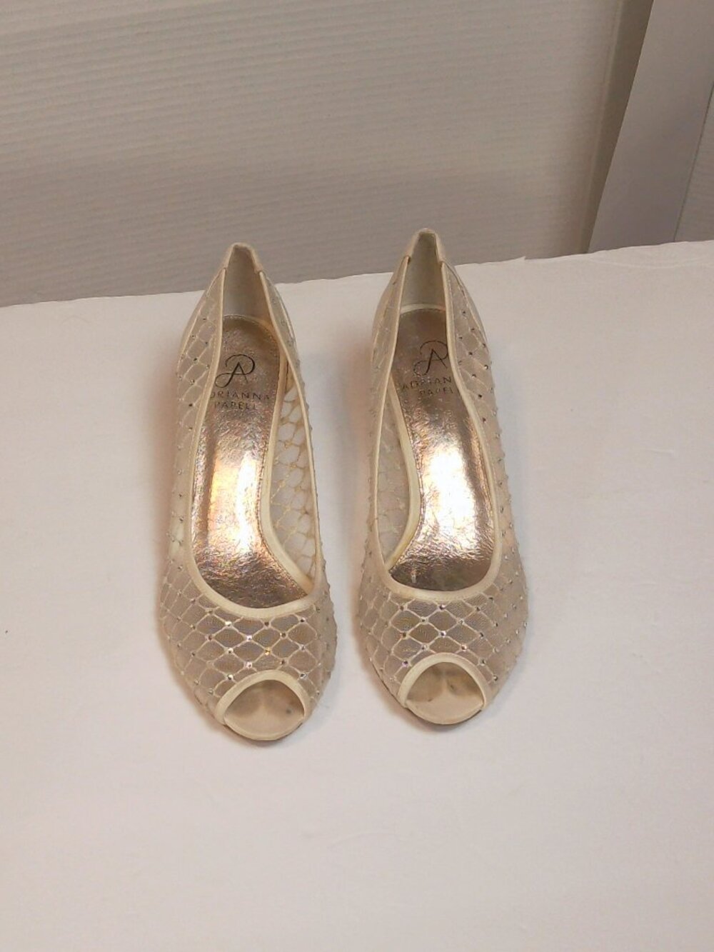 Adrianna Papell Ivory Mesh Rhinestone Peep Toe Heels Kitten Pumps Evening